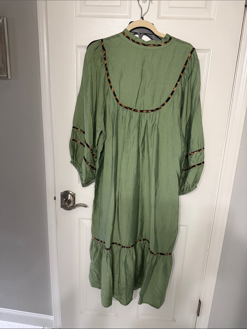 Umgee Olive Green Midi Dress with Leopard Trim NWT peasant boho M - Picture 7 of 7